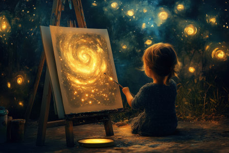 A young child paints a swirling galaxy on a canvas, surrounded by glowing stars in the night.の写真素材