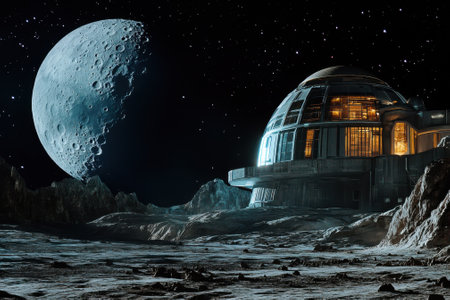 A unique lunar base features a dome structure illuminated against the dark, starry night with a large moon visible.の写真素材