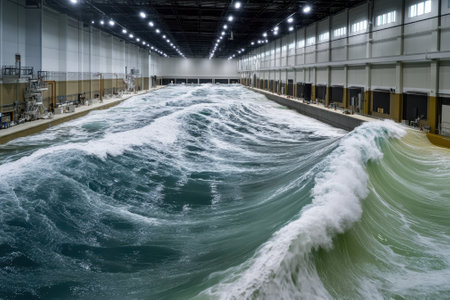Waves are generated in a controlled environment, simulating ocean conditions for research and testing.の写真素材