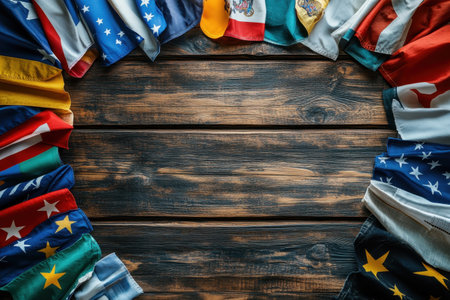 International flags in various colors are beautifully arranged along the edges of a wooden table.の写真素材
