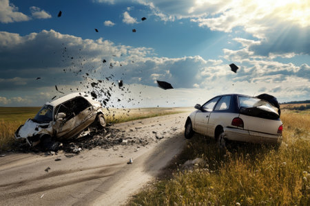 Two cars involved in a collision are positioned on a rural road with debris and damage visible under clear skies.の写真素材
