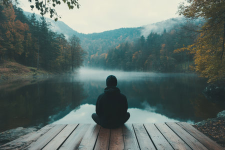 A person sits cross-legged on a wooden dock, meditating peacefully by a tranquil lake in autumn.の写真素材