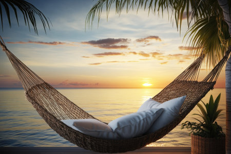 Relaxing in a hammock by the calm ocean at sunset, surrounded by palm trees and a serene atmosphere.の写真素材