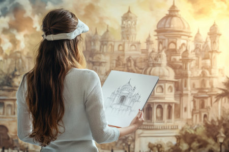 A woman is engaged in sketching an architectural design, captivated by the beauty of a grand historical building.の写真素材