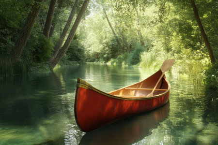 A bright red canoe floats peacefully on a tranquil river surrounded by lush greenery and tall trees.の写真素材