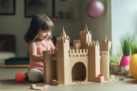 A young child joyfully engages with a detailed cardboard castle in a warm and inviting room.の写真素材
