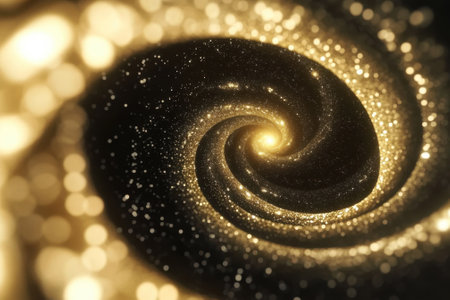 Golden spirals and sparkling elements swirl together, creating a stunning cosmic atmosphere in deep space.の写真素材