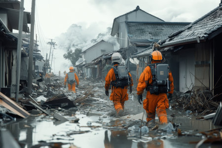 Emergency responders in protective gear walk through a devastated area with damaged buildings and flood debris.の写真素材