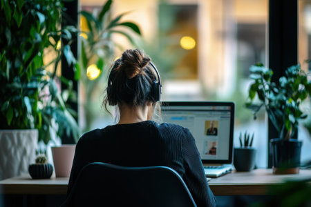 A woman wearing headphones is focused on her laptop, seated at a desk filled with plants and natural light.の写真素材