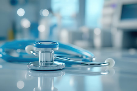 A stethoscope rests on a desk in a bright healthcare facility, capturing the essence of medical practice.の写真素材