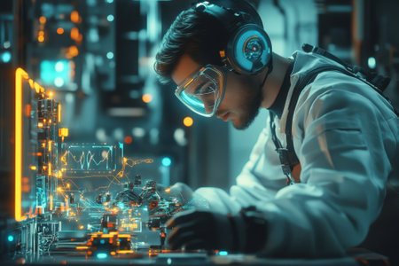 A technician is focused on assembling intricate electronics in a high-tech laboratory during nighttime operations.の写真素材