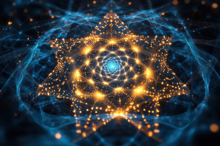 Dynamic star-like shape surrounded by glowing dots and luminous energy waves in dark space.の写真素材