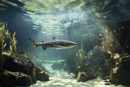 A stunning shark glides through an underwater landscape filled with sea plants and rocks, illuminated by sunlight.の写真素材
