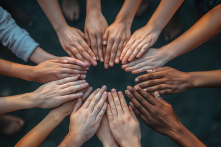 A group of diverse hands is arranged in a circular pattern, reflecting unity and teamwork among participants.の写真素材