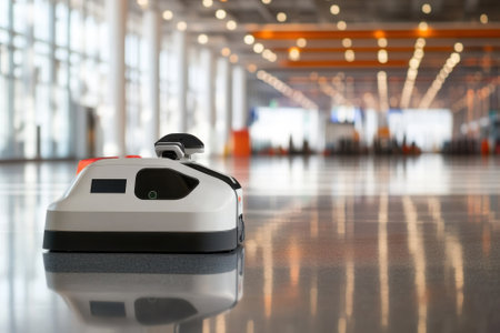 An autonomous robot moves along a shiny airport floor, servicing travelers in a bustling terminal during the day.の写真素材