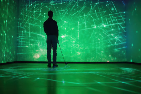 A golfer swings a club in an interactive virtual environment featuring green light patterns.の写真素材
