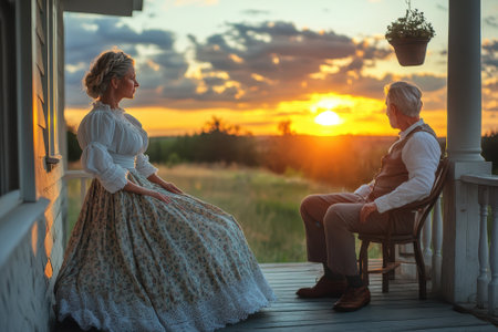 A couple relaxes on a porch, watching the sunset over the countryside, enjoying a peaceful evening.の写真素材