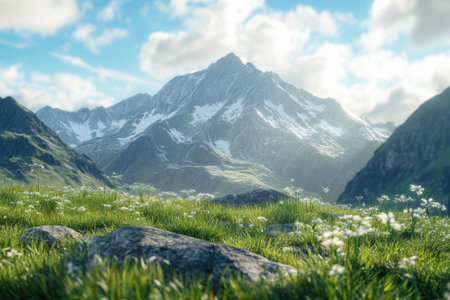 Bright sunlight illuminates impressive mountains with snowy peaks, surrounded by a field of wildflowers.の写真素材