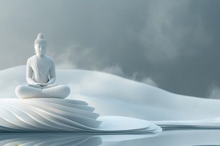 A tranquil Buddha sits cross-legged, surrounded by soft white layers of mist at dawn, exuding calmness.の写真素材