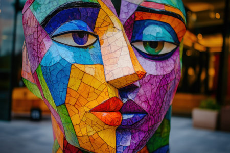 Vibrant mosaic sculpture featuring two abstract faces in a contemporary outdoor setting under natural light.の写真素材
