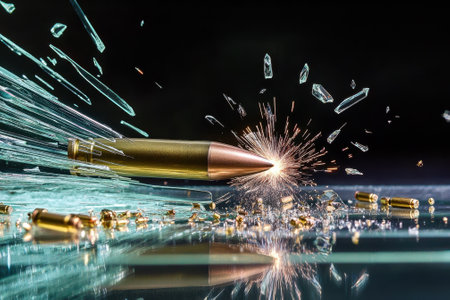 A bullet strikes glass, resulting in a dramatic explosion and scattering fragments across the surface.の写真素材