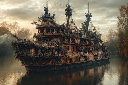 A derelict pirate ship emerges from mist on calm waters, framed by trees in autumn colors during early morning.の写真素材