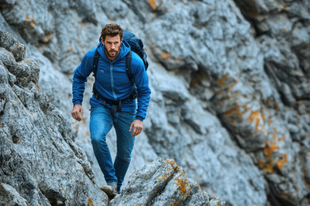 A man in a blue sweatshirt and backpack navigates rocky slopes while enjoying outdoor exploration.の写真素材