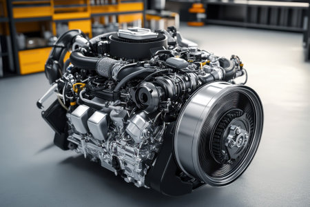A modern engine assembly in a bright workshop, showcasing design and craftsmanship with tools nearby.の写真素材
