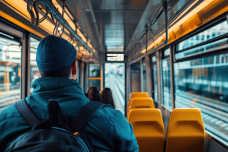 A person wearing a blue hat travels on a tram, with yellow seats and large windows showing the city outside.の写真素材