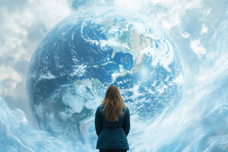 A person stands in awe, observing a stunning view of Earth amidst dramatic clouds and waves.の写真素材