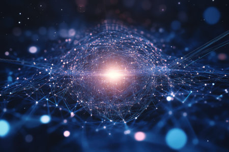 Bright particles create a vast, intricate network of connections in a cosmic environment, showcasing energy.の写真素材