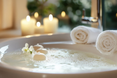 A peaceful bath is arranged with rolled towels, floating flowers, and lit candles for relaxation and tranquility.の写真素材