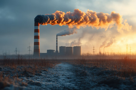 Smoke billows from towering smokestacks as the sun rises over an industrial area, casting a golden hue.の写真素材