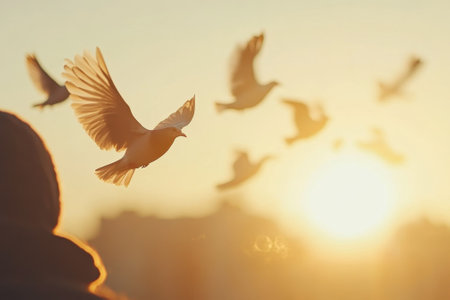 A person watches as birds take flight against a vibrant sunrise, illuminating the morning sky.の写真素材