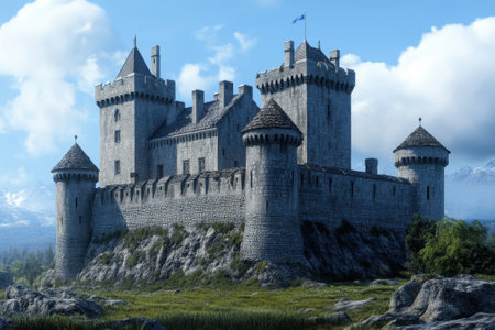 A grand medieval castle stands majestically against a backdrop of blue skies and mountains.の写真素材
