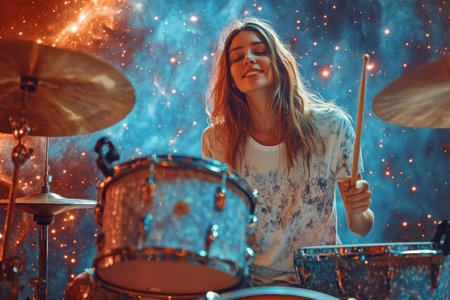 A female drummer enjoys performing against a mesmerizing cosmic backdrop, embodying musical passion and energy.の写真素材