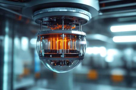A glowing spherical device is suspended in a high-tech laboratory, showing intricate designs and advanced technology.の写真素材