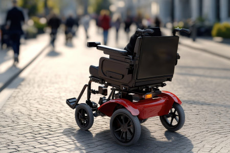 A modern wheelchair showcased on a vibrant city street as people walk by, highlighting mobility and accessibility.の写真素材