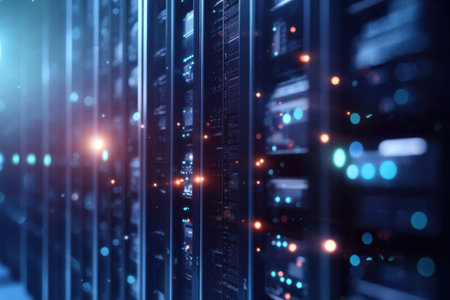 Rows of illuminated servers create a vibrant atmosphere in a high-tech data center at night.の写真素材