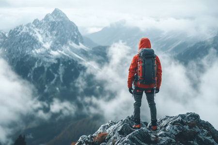 A lone hiker in bright clothing overlooks breathtaking mountains engulfed in misty clouds.の写真素材
