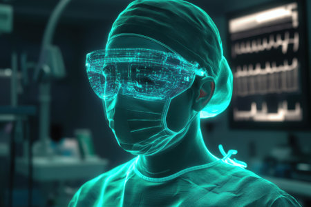 Surgeon dressed in scrubs and advanced safety gear stands focused in a modern operating room, ready for surgery.の写真素材