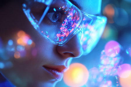 A person in protective glasses focuses intently as vibrant patterns of light dance around.の写真素材