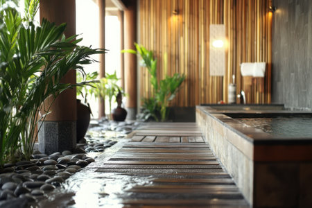 Spa area features wooden accents, soothing water, and lush greenery for relaxation and rejuvenation.の写真素材