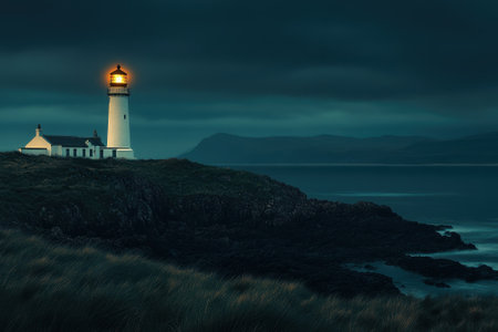 A striking lighthouse glows brightly as night falls, casting light over the calm ocean and rocky coastline.の写真素材