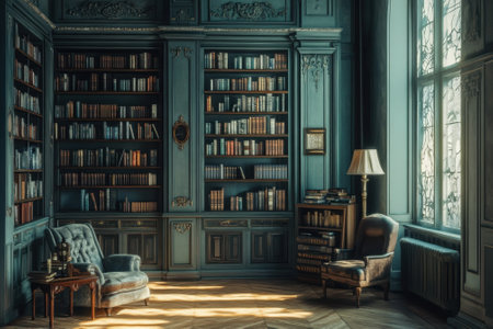 Sunlight filters through large windows onto a cozy corner filled with books and vintage decor.の写真素材