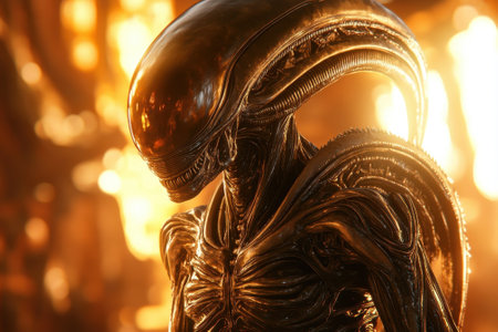 A detailed alien being stands amidst a fiery background, showcasing its unique design and eerie presence.の写真素材