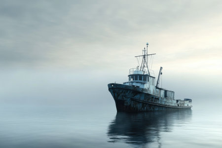 A weathered tugboat floats alone in still, misty waters during early morning light.の写真素材