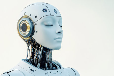 A humanoid robot displays a calm expression, highlighting intricate mechanical features and a modern design.の写真素材