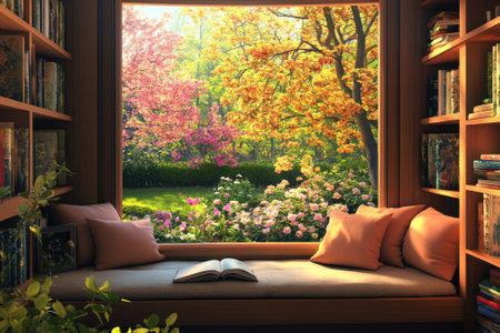 Sunlight streams into a serene reading nook, highlighting colorful trees and blooming flowers in a tranquil garden.の写真素材