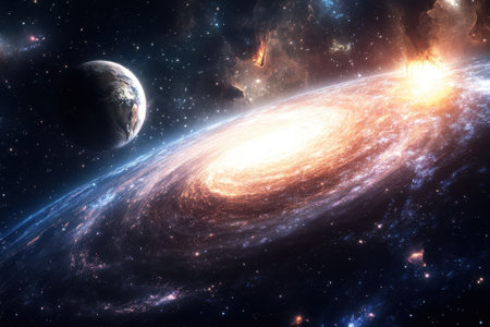 A stunning spiral galaxy glows brightly with an explosion nearby while Earth is visible in the distance.の写真素材